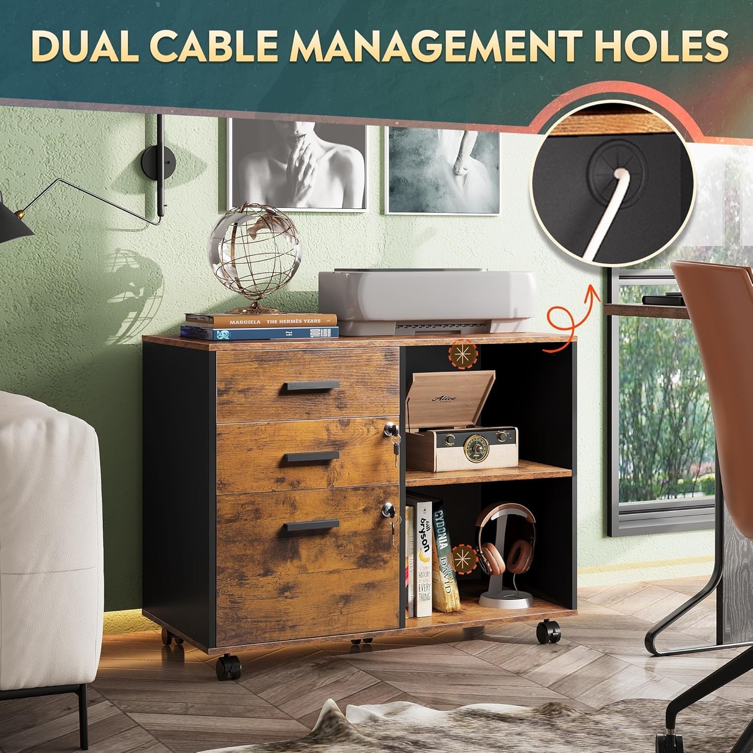 3 Drawer Wood File Cabinet With Lock For Home Office